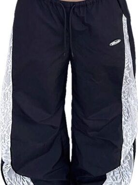 NWOT- Black Parachute Pants with White Lace